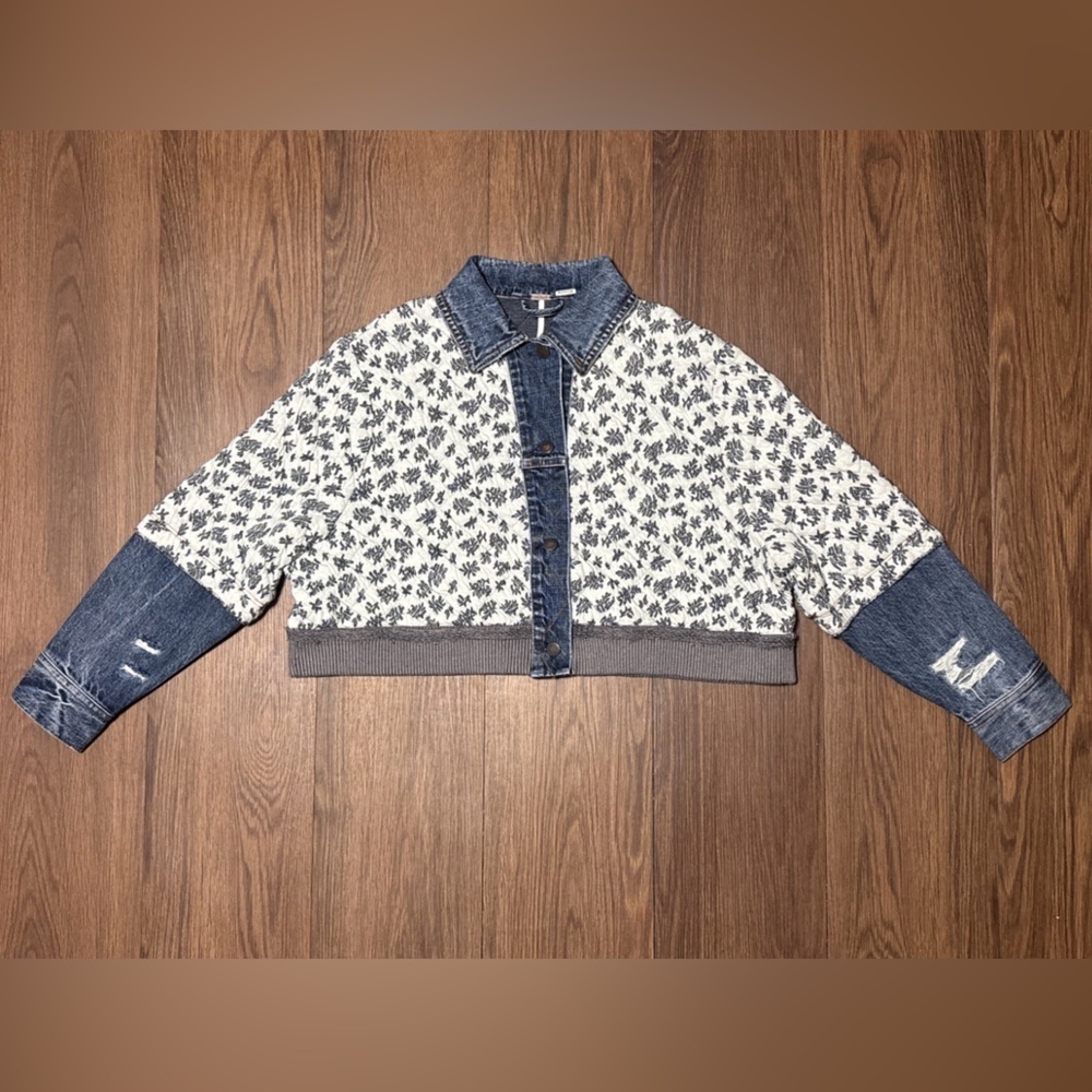 Free People Cropped Denim Floral Jacket XS/S Mixed Media Button Front
